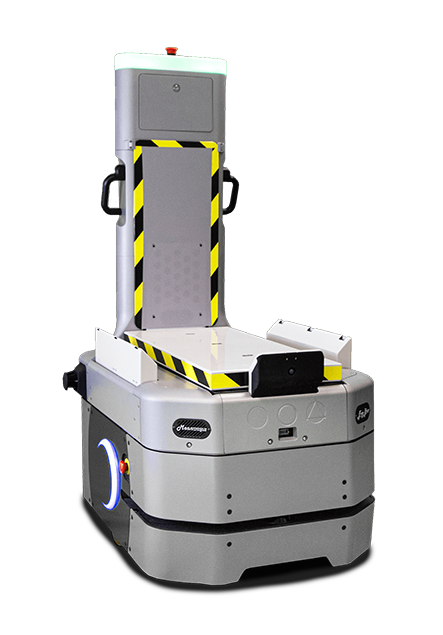 Autonomous warehouse robot with a tall lifting frame and safety striped platform for pallet handling.