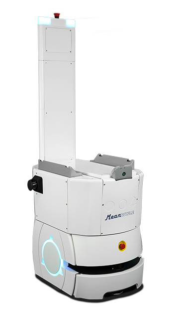 Autonomous white service robot with a tall vertical lifting column and a blue-lit circular feature on its rounded base.