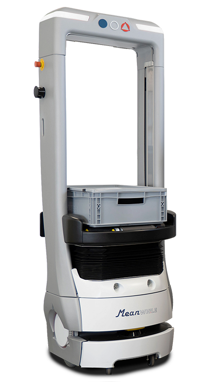Autonomous pallet-stacking robot lifting a grey crate in a warehouse setting, with a vertical lifting frame and wheels.