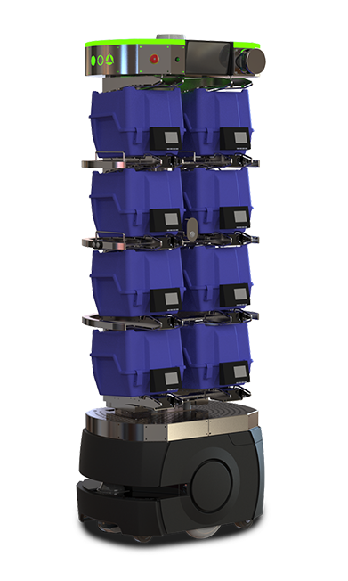 Autonomous warehouse robot with a vertical stack of blue bins for automated storage and retrieval.