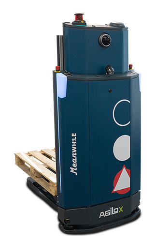 Blue autonomous mobile robot (AMR) with a pallet loaded on its side, AGILOX branding on the base and a camera/sensor on top for navigation.