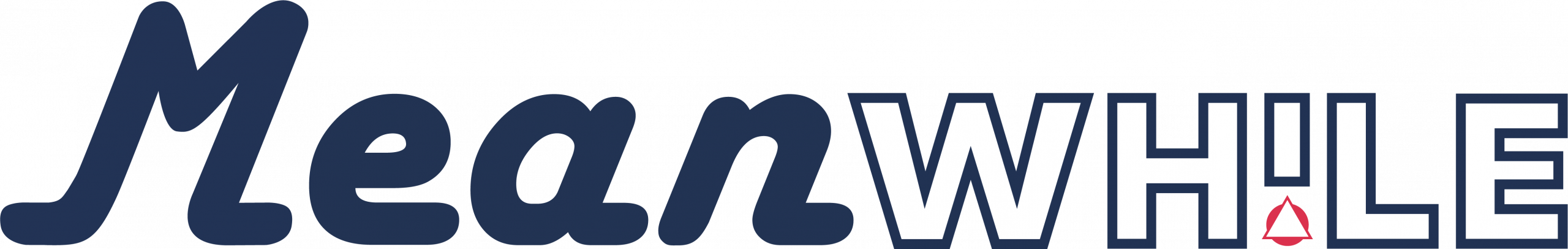 Meanwhile logo: navy lettering spelling 'Meanwhile' with a small red triangular icon between the W and H.