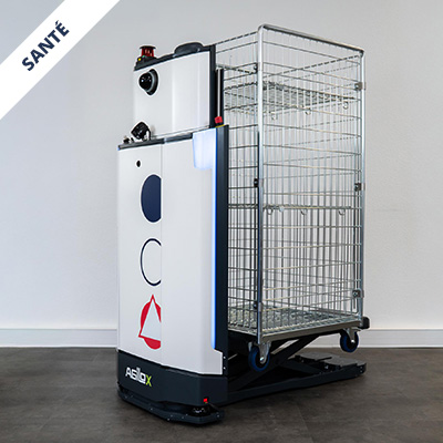 Autonomous service robot with a metal wire cart attached, designed to transport items in a clean facility (branding reads SANTE).