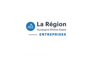 Logo for La Région Auvergne-Rhône-Alpes Entreprises: blue circular emblem with a mountain-like mark and the region text.