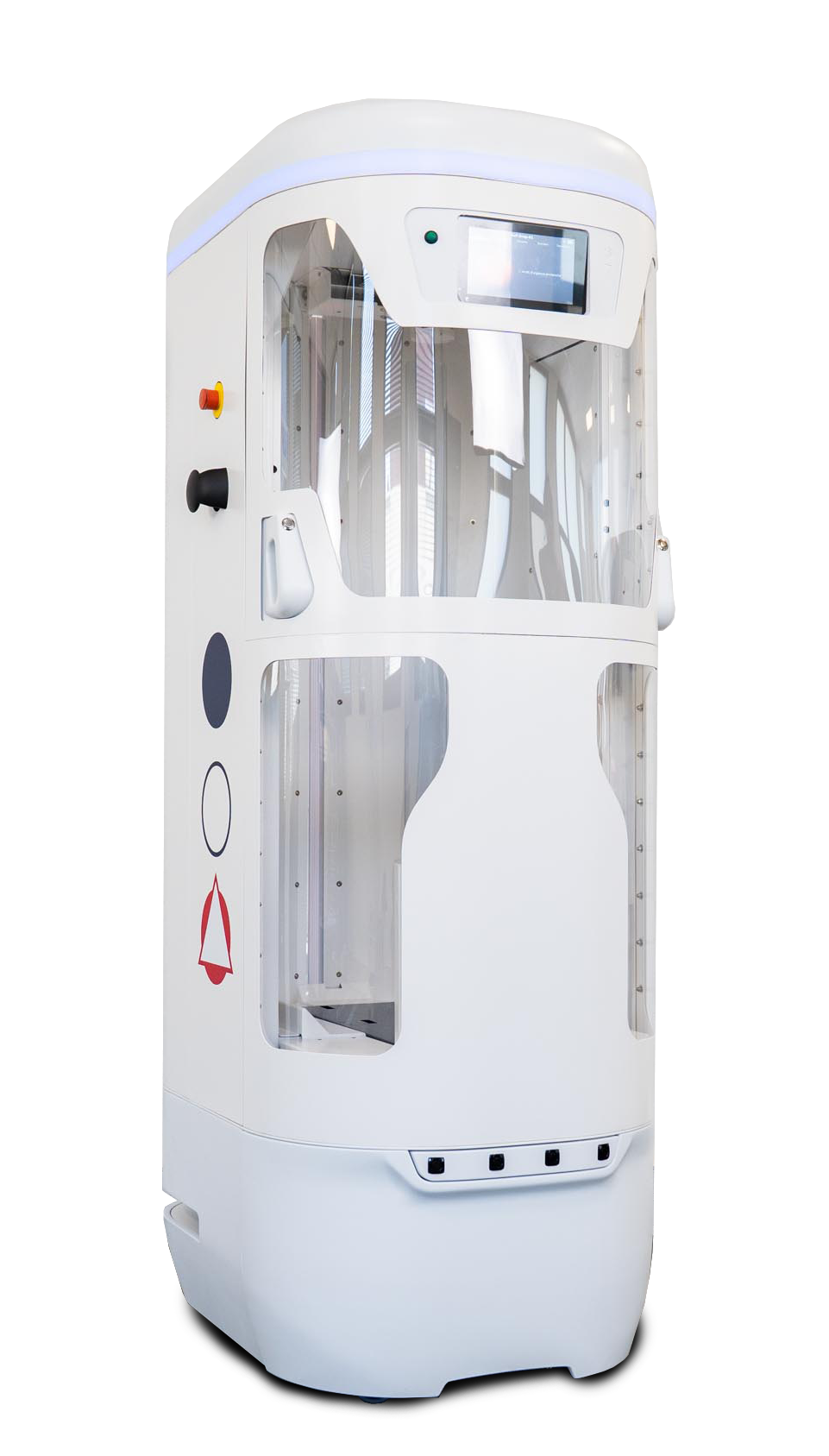 Medical imaging scanner (CT/MRI) with a rounded white exterior and a viewing window for patient access.