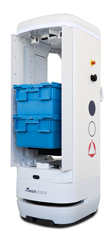 Autonomous warehouse robot lifting blue plastic bins for automated storage and retrieval.
