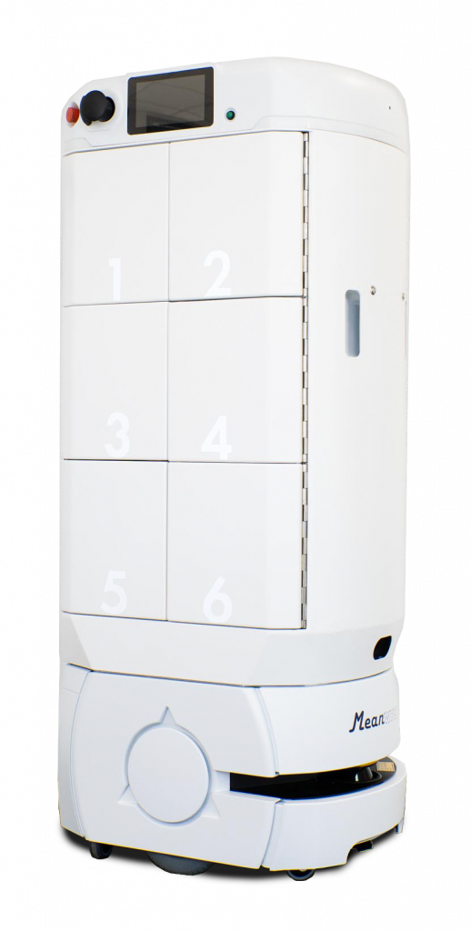 White autonomous locker robot with six numbered compartments (1–6) and a touchscreen at the top on a wheeled base.