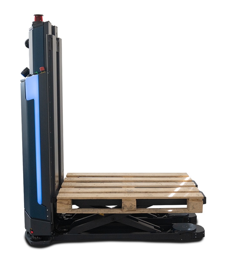 Automated pallet stacking machine with a wooden pallet on its forks and a blue vertical LED strip on the side