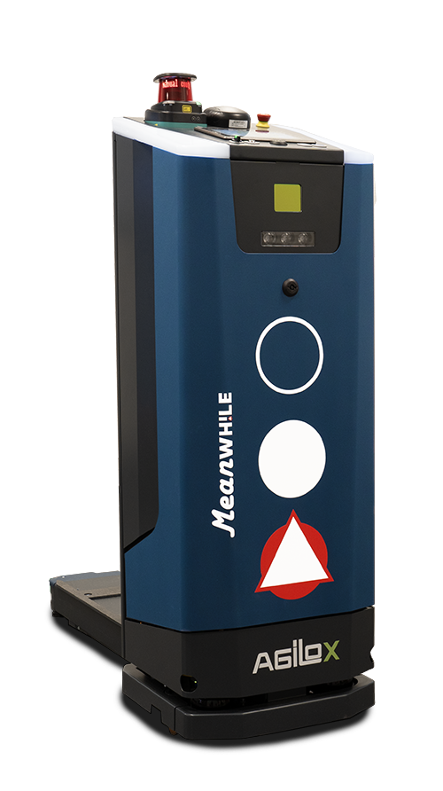 Blue autonomous industrial robot (AMR) with a red warning beacon on top and safety symbols on its front panel.