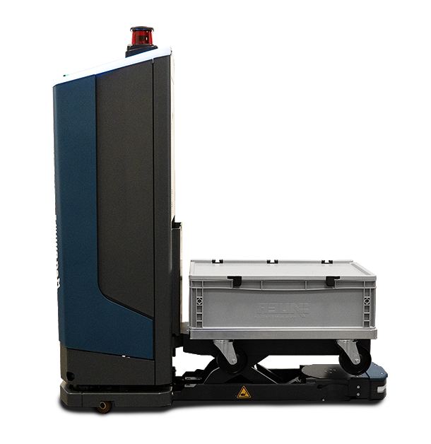 Industrial 3D scanner on a wheeled cart with a red warning beacon on top for safety visibility.