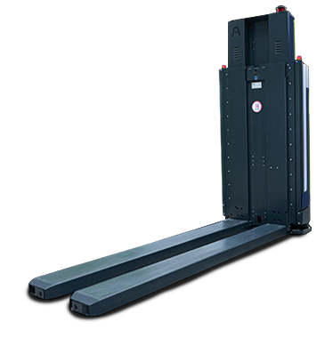 Electric pallet stacker with a vertical lifting mast and two parallel forks for lifting pallets, blue/black in color in a warehouse setting (extended forks).