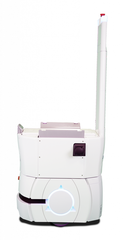 White medical radiation therapy machine with a tall vertical gantry and a glowing circular light at the base, used to target tumors during treatment.
