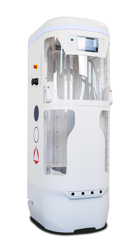 A tall white medical robot with a touchscreen display at the top, clear protective panels, and control buttons along the side.