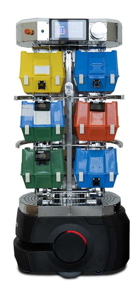 Autonomous bin-sorting robot with a rotating turret of color-coded bins (yellow, blue, green, orange).