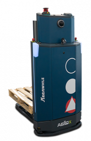 Blue autonomous mobile robot (AMR) with a pallet loaded on its side, AGILOX branding on the base and a camera/sensor on top for navigation.