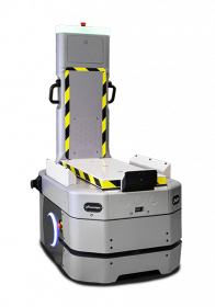 Autonomous warehouse robot with a tall lifting frame and safety striped platform for pallet handling.