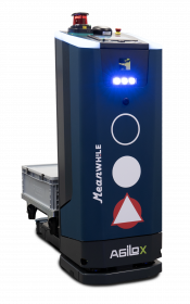 Blue Agilox autonomous mobile robot with LED warning lights, safety symbols, and control panel on top, standing with a crate tray nearby
