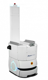 Autonomous white service robot with a tall vertical lifting column and a blue-lit circular feature on its rounded base.