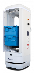 Autonomous warehouse robot lifting blue plastic bins for automated storage and retrieval.