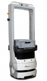 Autonomous pallet-stacking robot lifting a grey crate in a warehouse setting, with a vertical lifting frame and wheels.