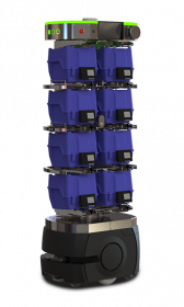 Autonomous warehouse robot with a vertical stack of blue bins for automated storage and retrieval.